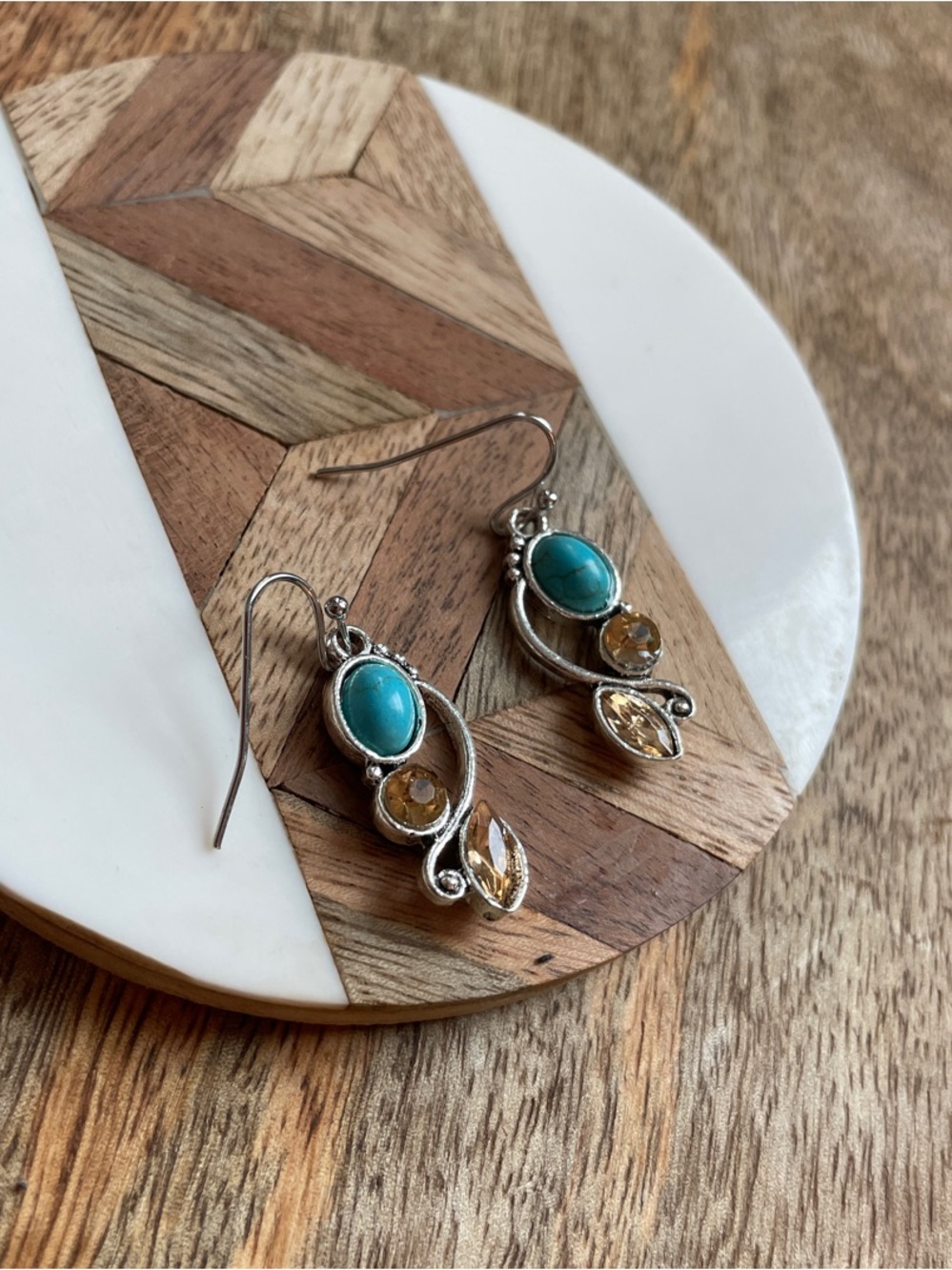 Turquoise and Citrine Drop Earrings - Silver Tone